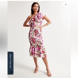 Asymmetrical One-Shoulder Ruffle Top and Smocked Midi Skirt two piece Set